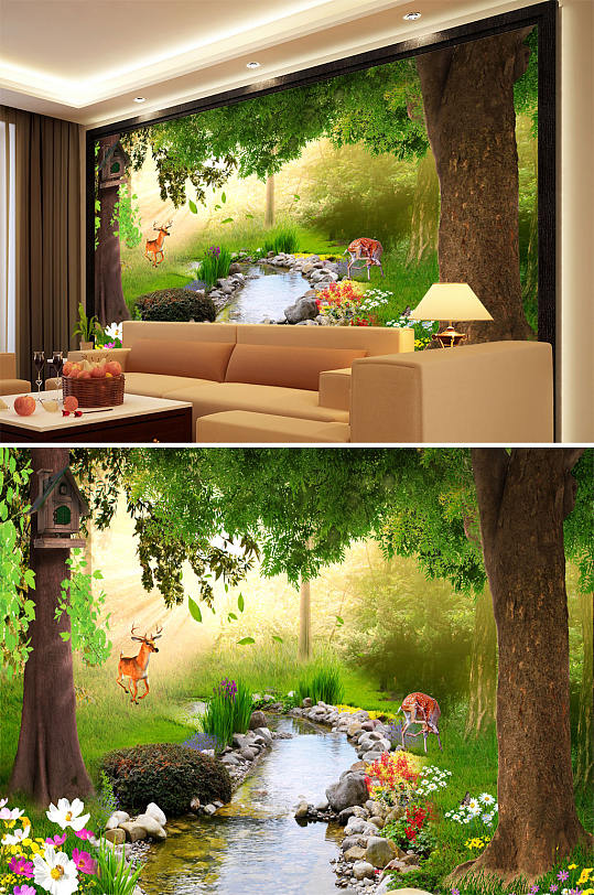 小溪大树梅花鹿背景墙-众图网