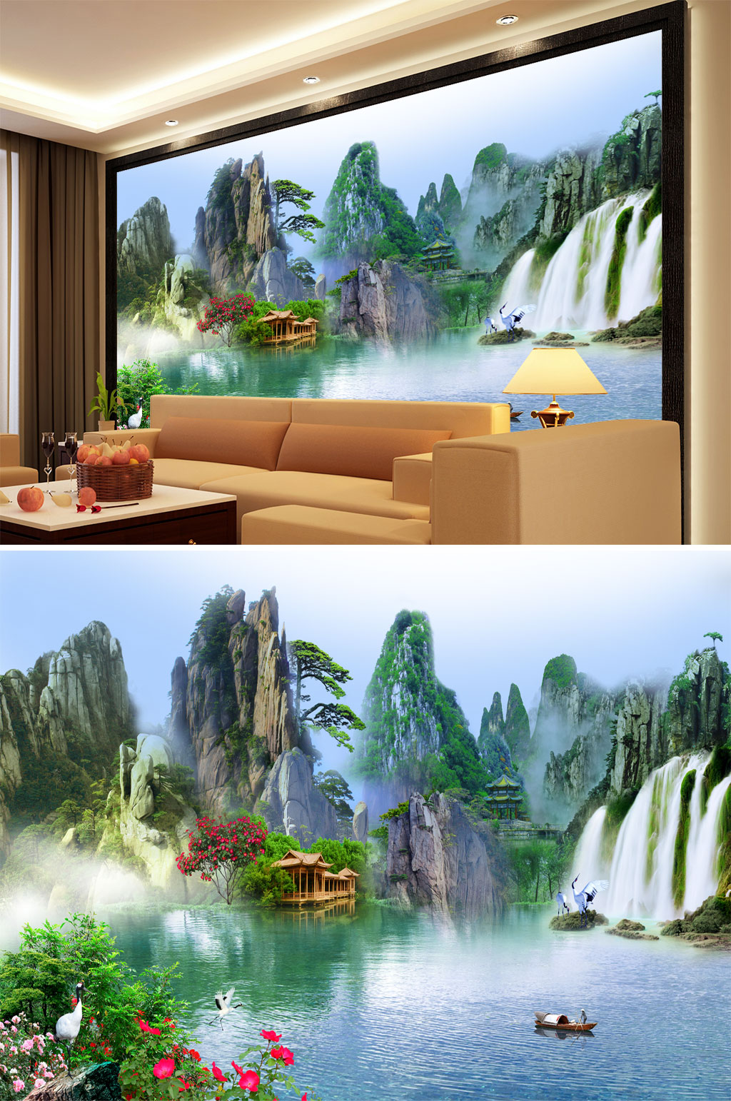 山水画小船高山瀑布背景墙素材