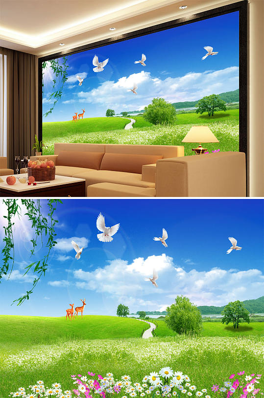 山水田园草地鹿小碎花背景墙-众图网