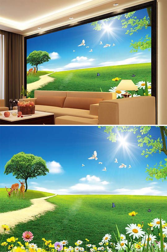 草地小碎花树小道背景墙-众图网