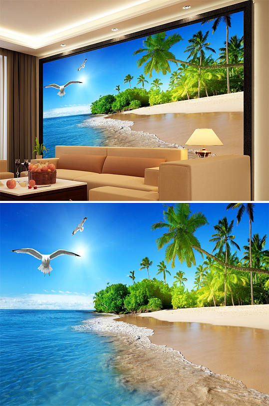 海边沙滩海鸥蓝天背景墙