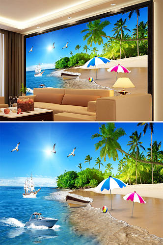 海边沙滩椰树快艇帆船背景墙