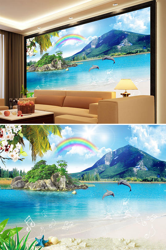 山水画海边小岛彩虹背景墙