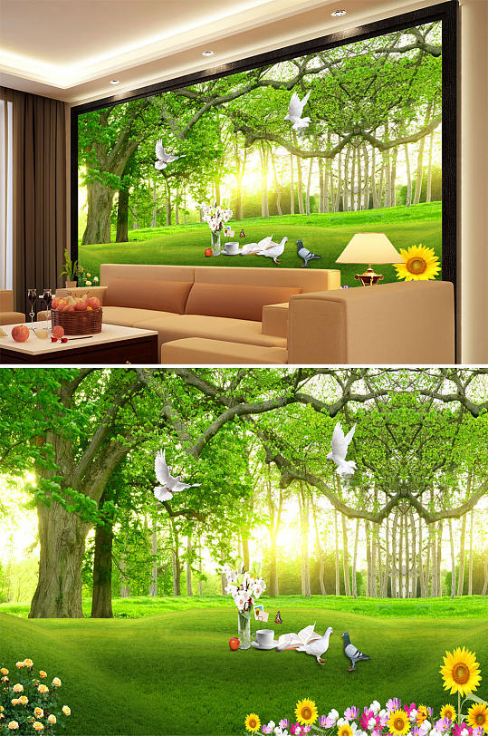 草地树木小碎花背景墙-众图网