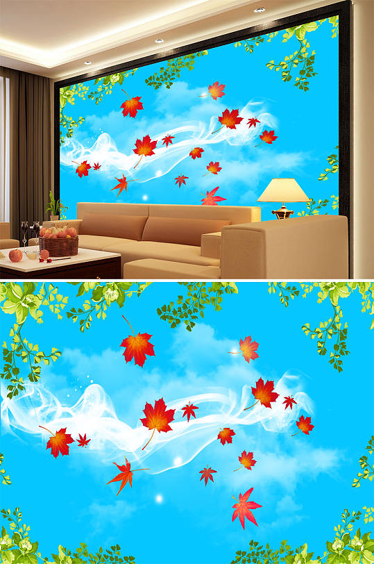 蓝天枫叶树叶背景墙