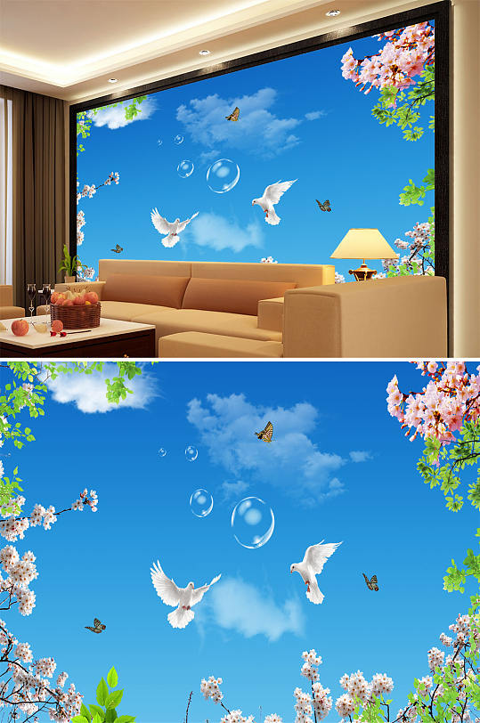 花鸟画梅花鸽子背景墙-众图网