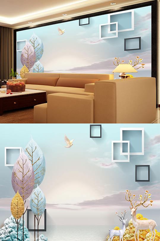 树鹿框框鸽子背景墙-众图网