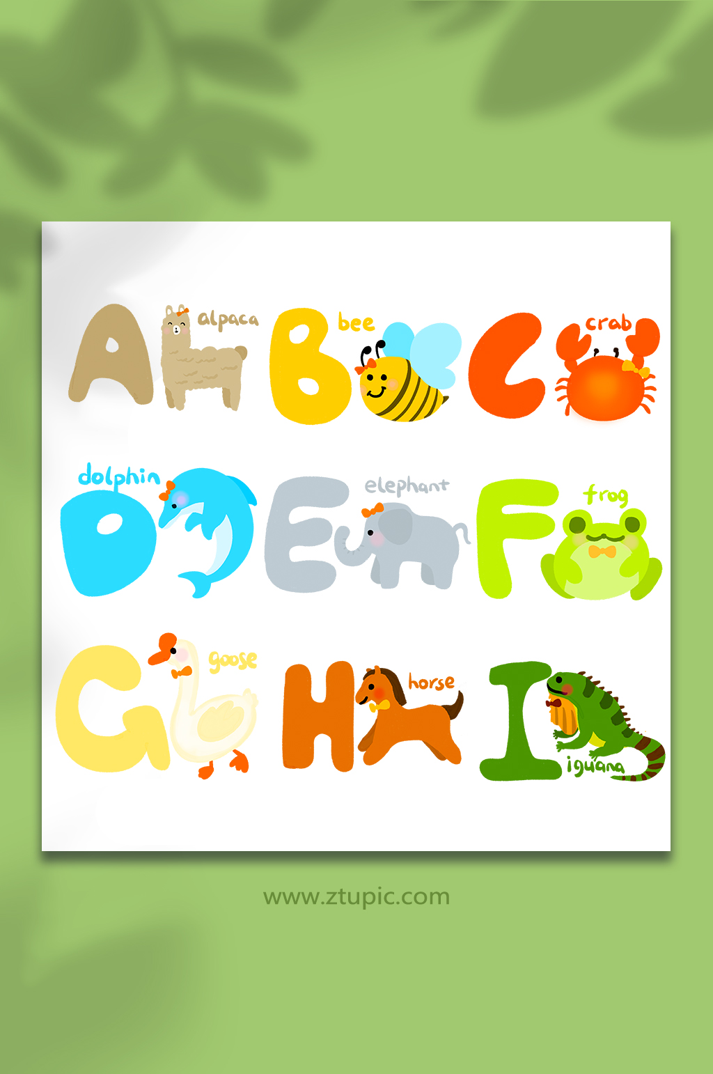 可爱彩色儿童卡片卡通动物字母插画元素素材