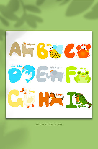可爱彩色儿童卡片卡通动物字母插画元素