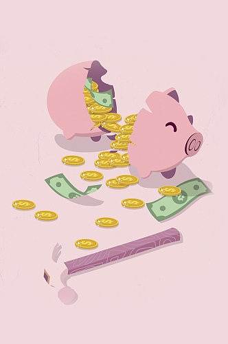 矢量插画可爱猪猪存钱罐锤子粉色砸开的