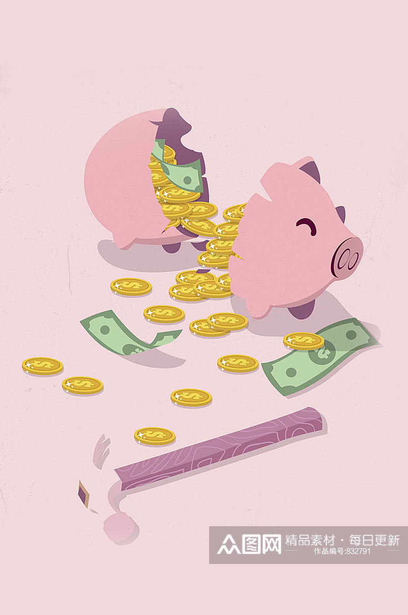 矢量插画可爱猪猪存钱罐锤子粉色砸开的素材
