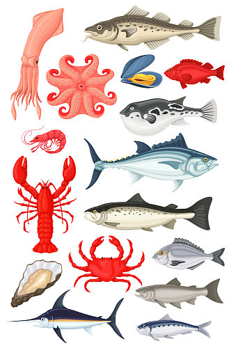 各种海鲜水彩食物插图
