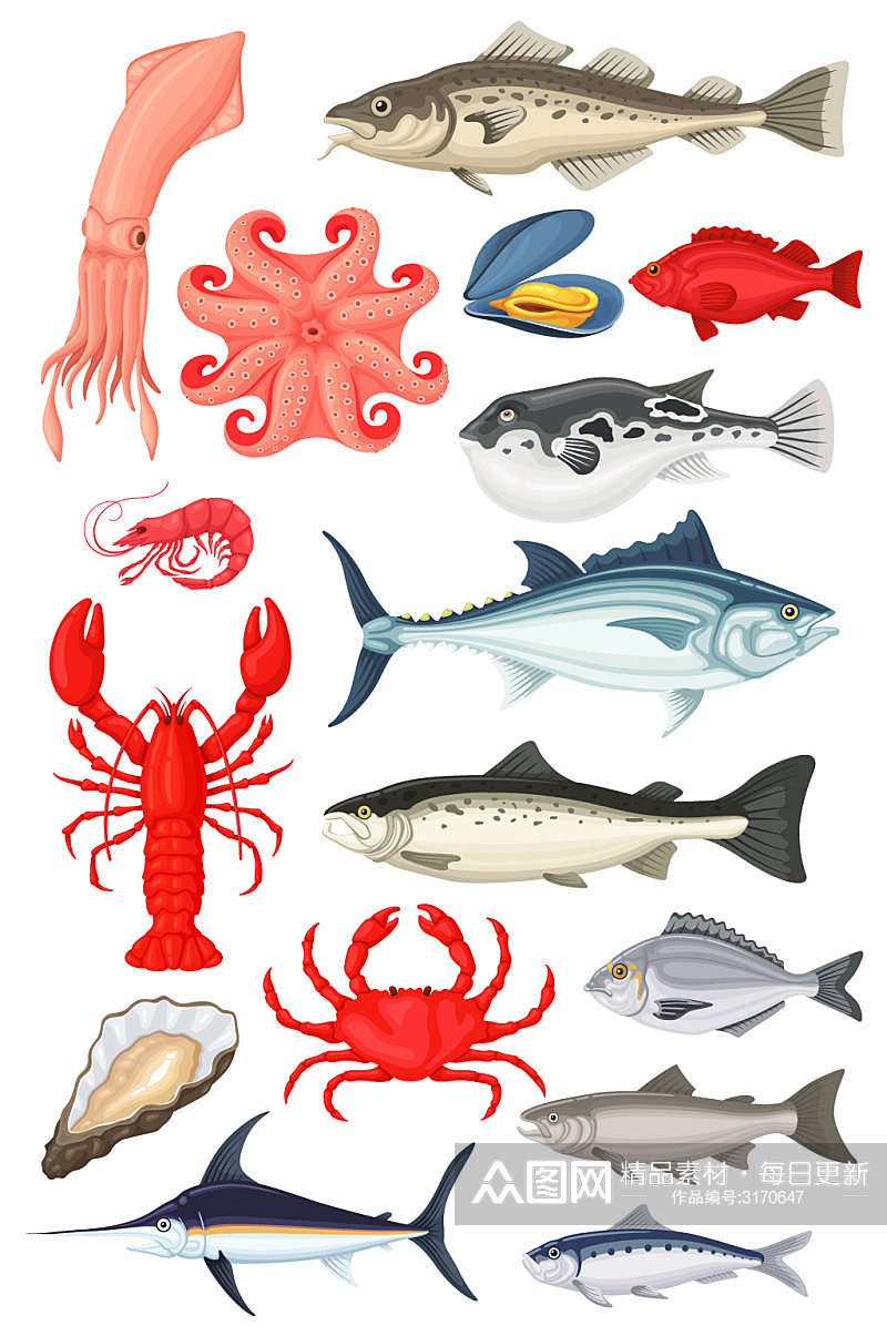 各种海鲜水彩食物插图素材