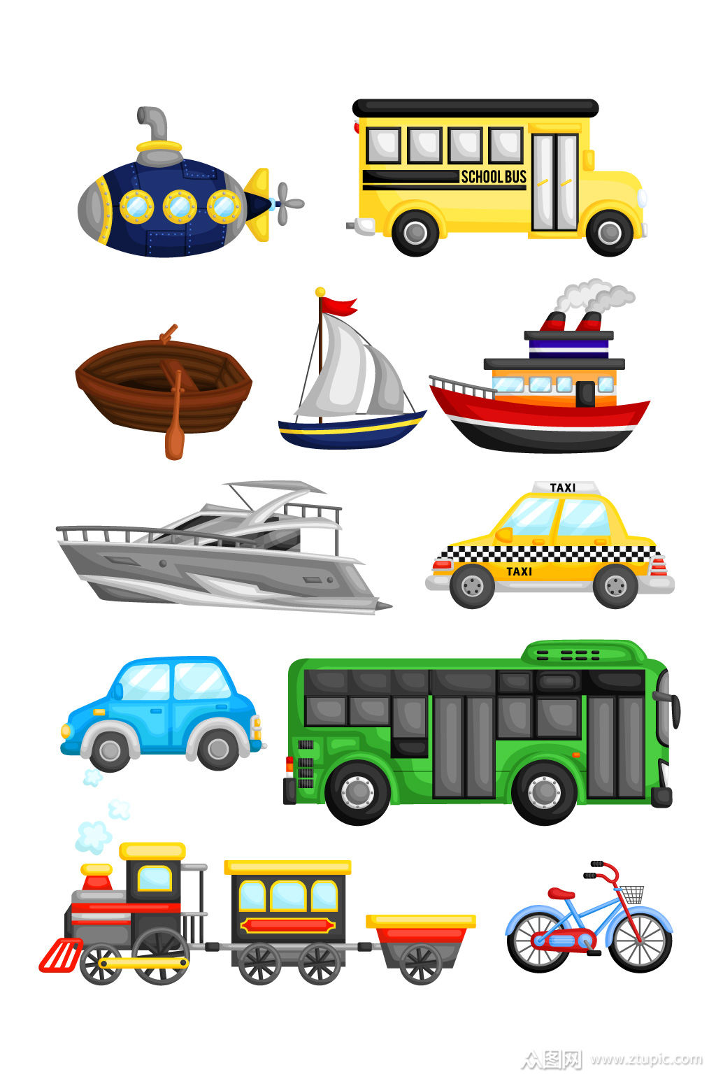 矢量交通工具潜艇木船出租车素材