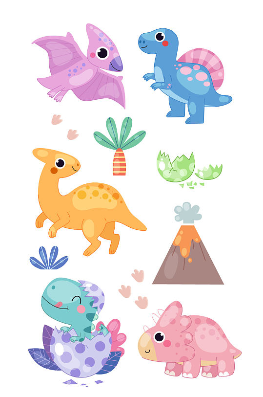 矢量卡通恐龙宝宝火山