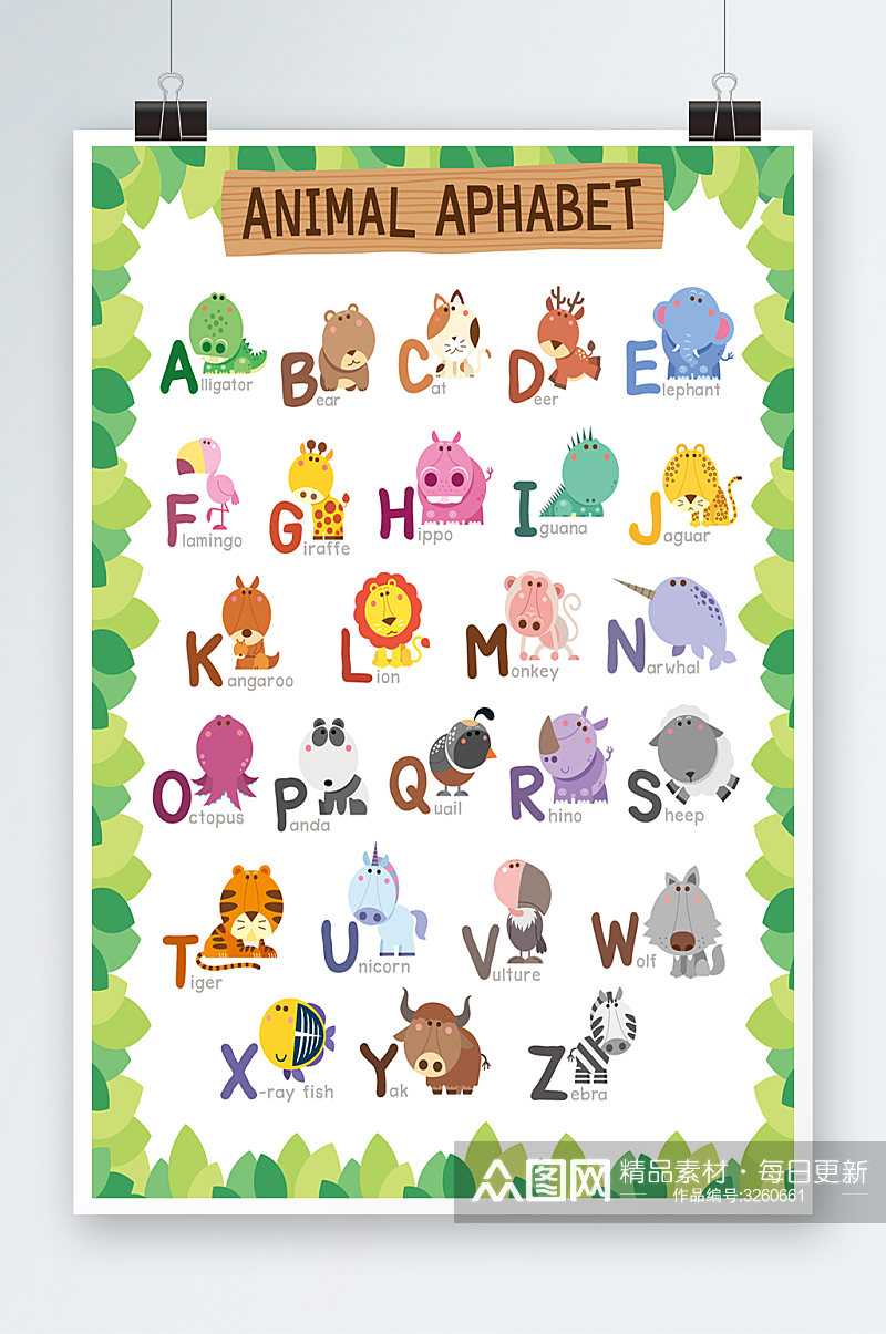 幼儿园卡通动物英文字母识字表素材