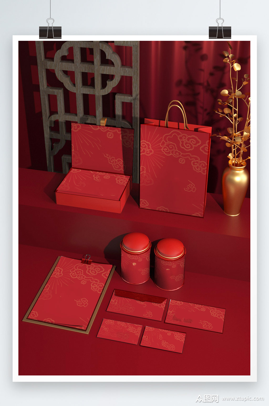 大红简约大气国潮中国风礼盒包装样机素材
