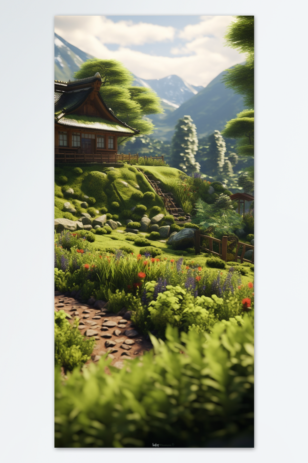 数字艺术山中庭院创意插画素材