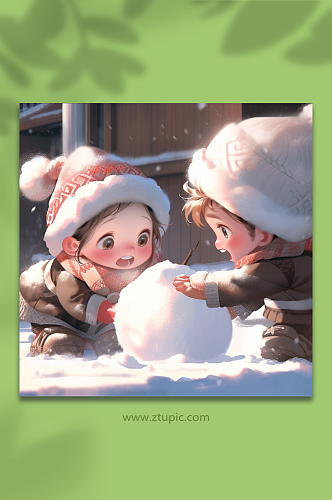 打雪仗冬季人物数字艺术插画