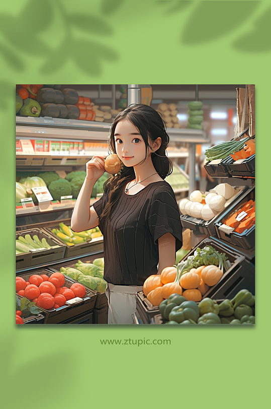 数字艺术超市蔬菜区人物插画