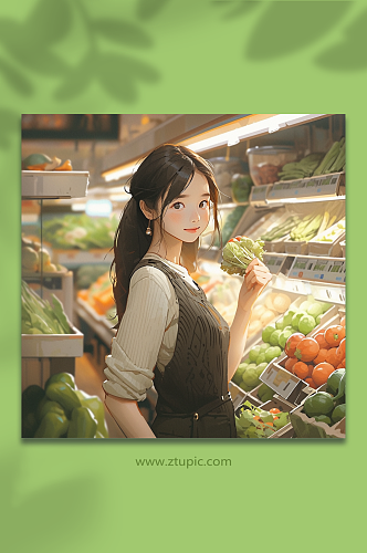数字艺术超市蔬菜区人物插画