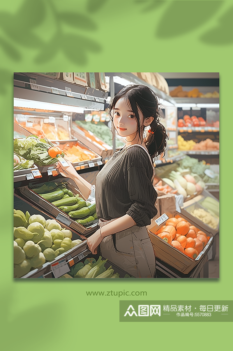 数字艺术超市蔬菜区人物插画素材