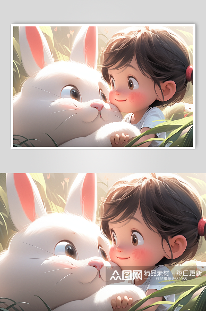 数字艺术卡通女孩与兔插画素材