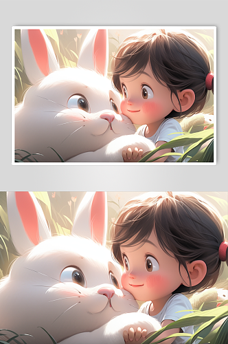 数字艺术卡通女孩与兔插画