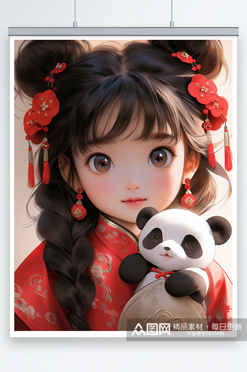 数字艺术小女孩熊猫玩具插画素材