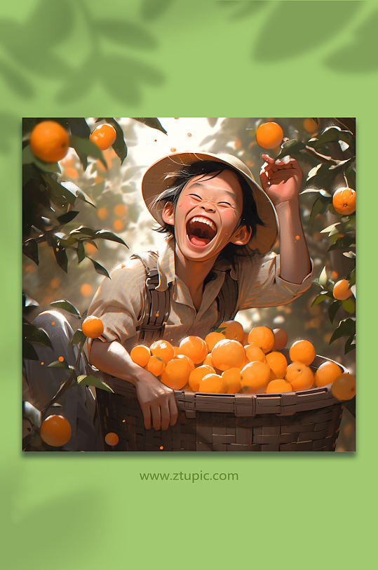 数字艺术橙子丰收果园插画