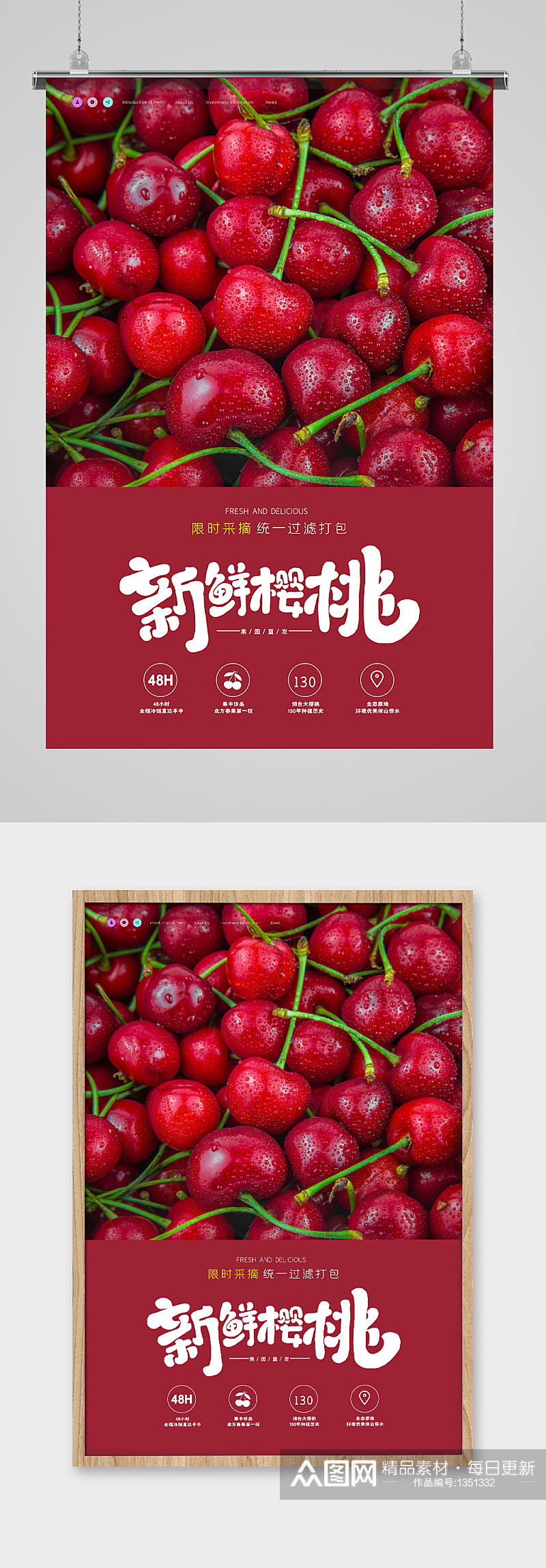 红色简约新鲜樱桃车厘子水果美食宣传海报素材