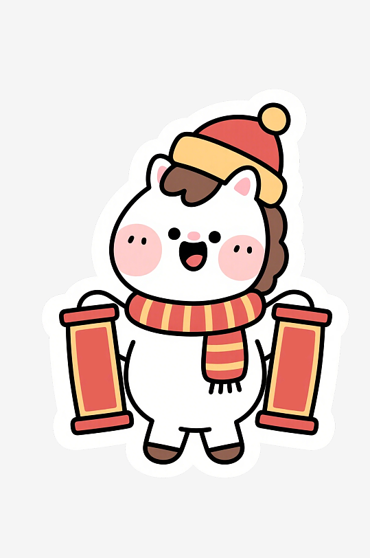 卡通风春节小马形象手持春联插画-众图网