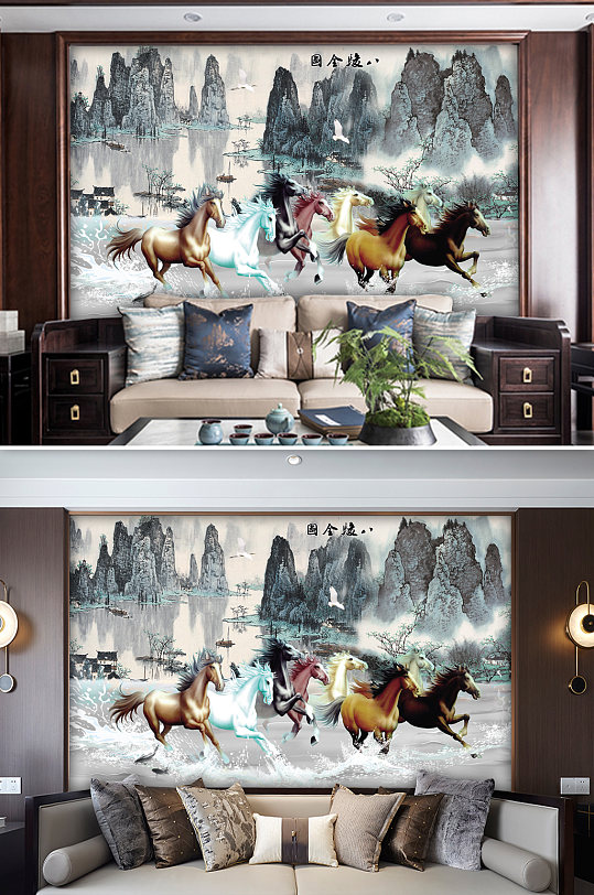 水墨国画骏马图背景墙-众图网