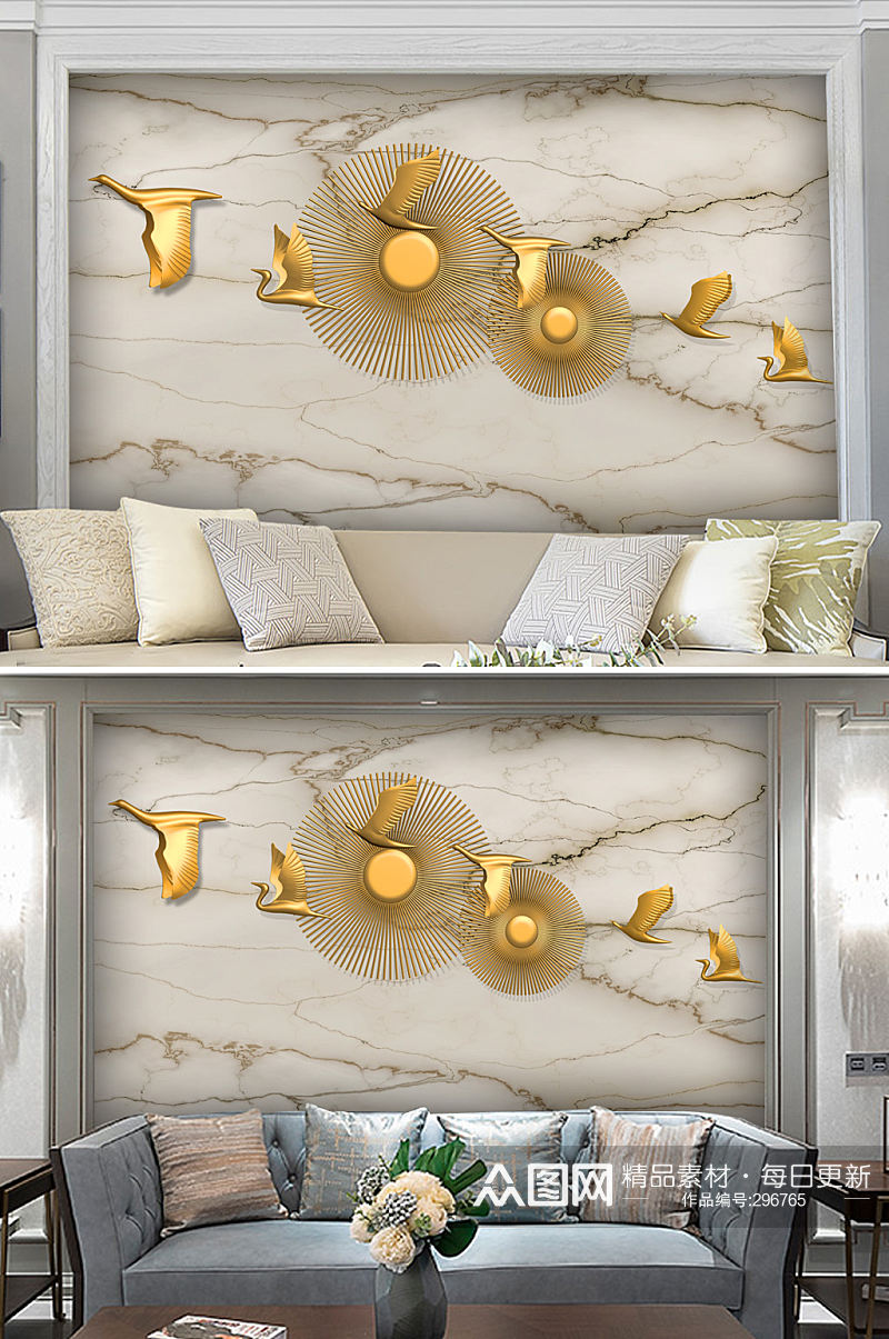 金色仙鹤沙发背景墙素材