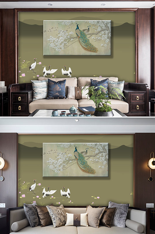 古画孔雀电视背景墙-众图网