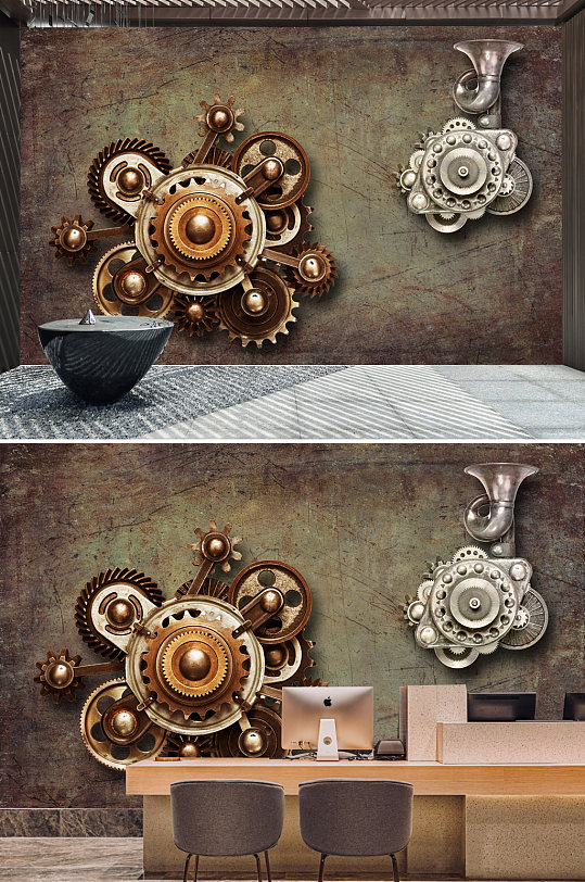 复古工业风齿轮铁皮背景墙