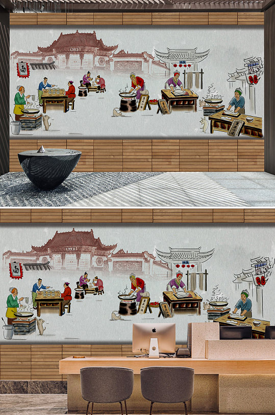 饭店面馆壁画背景墙 墙绘图案-众图网