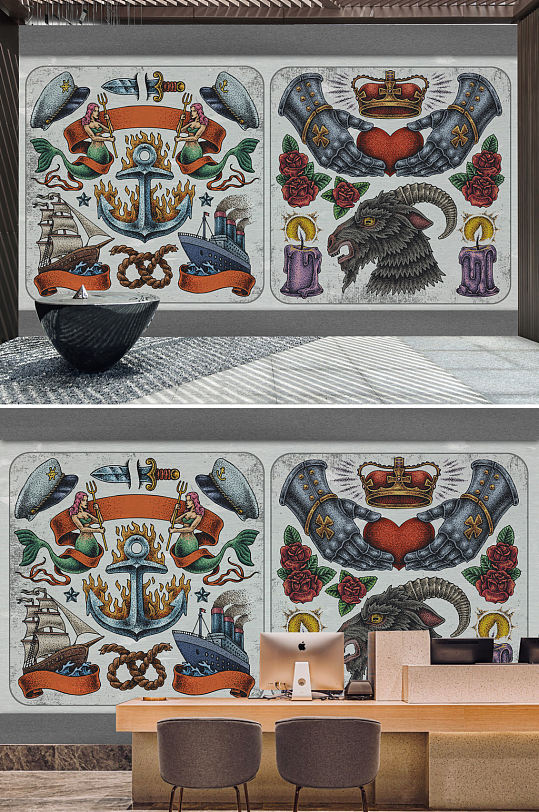 复古怀旧刺绣工装背景墙-众图网