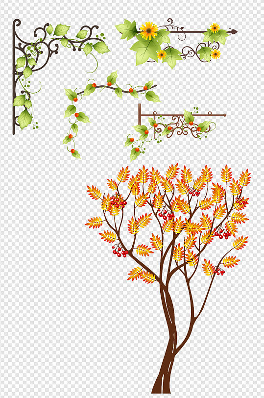 手绘树叶小树树藤素材