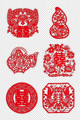 中式红色喜庆喜字剪纸素材