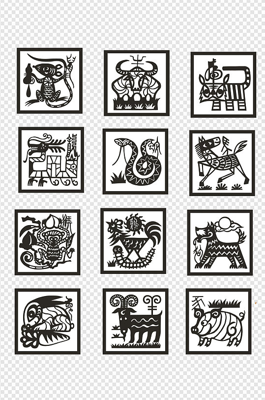 方形剪纸窗花十二生肖素材