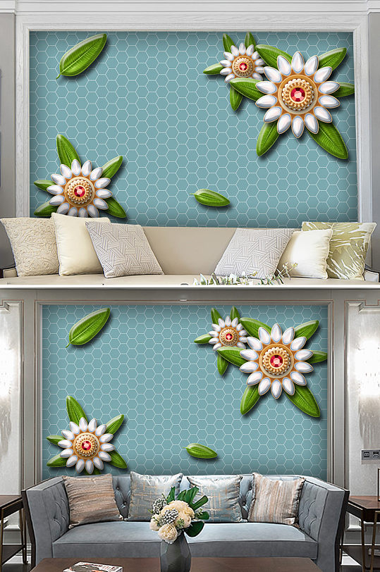 3D珠宝花朵电视背景墙-众图网