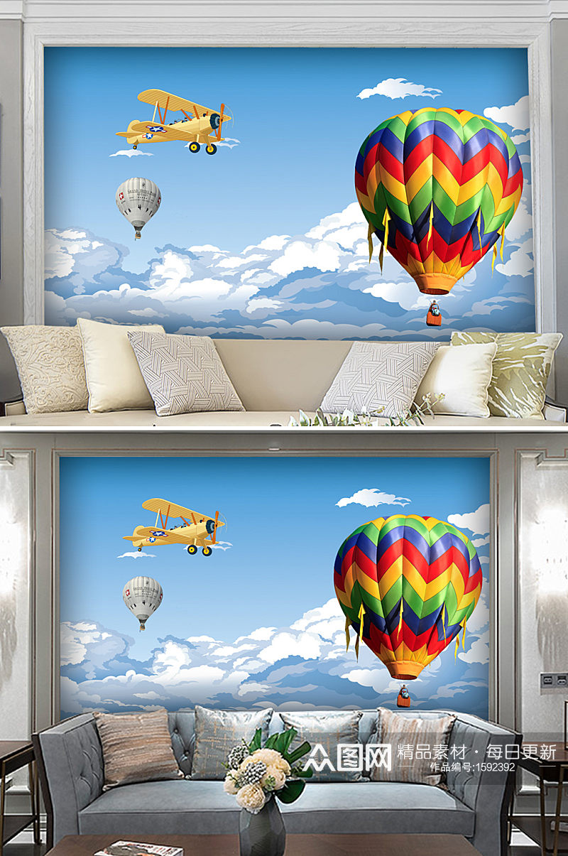 简约天空热气球飞机儿童电视背景墙素材