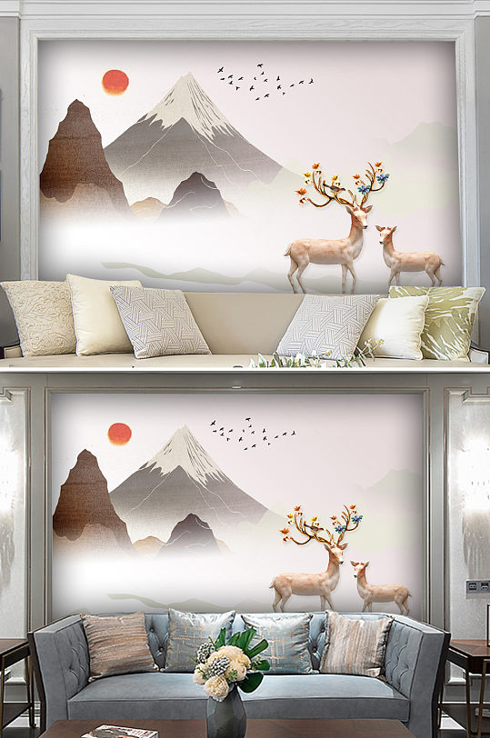 简约北欧新中式山水麋鹿电视背景墙