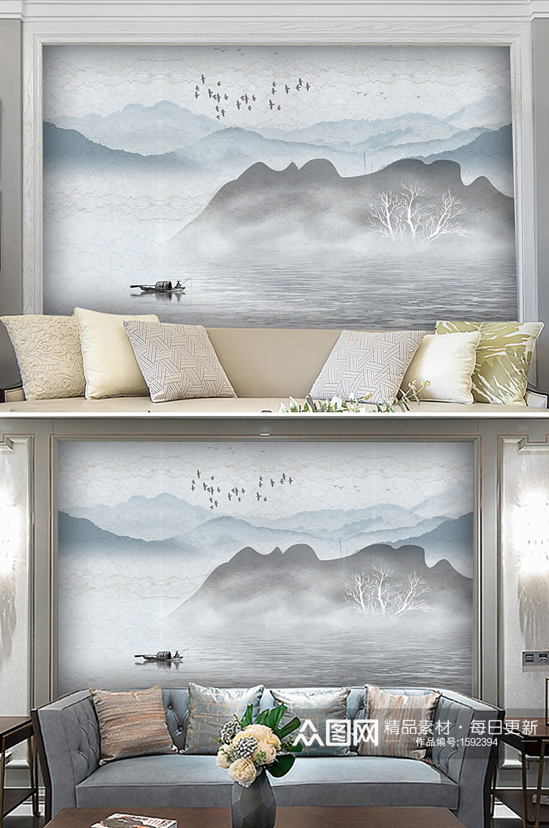 新中式水墨山水国画电视背景墙素材