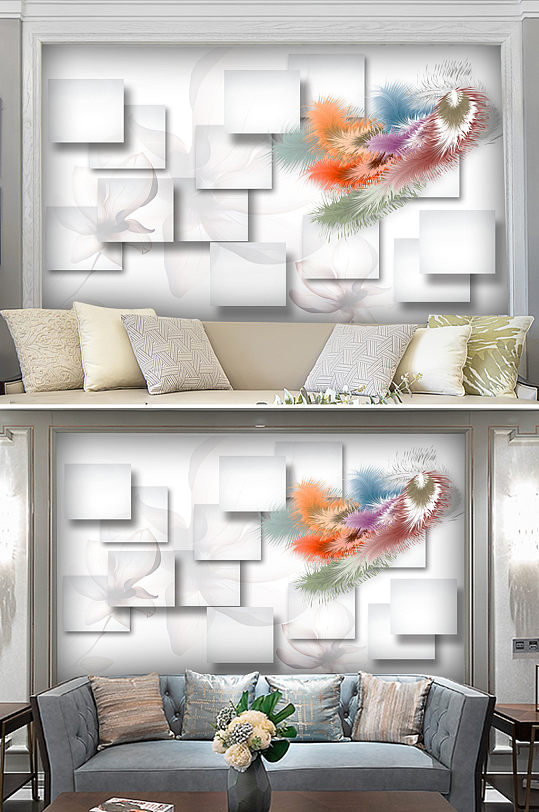 简约3D羽毛电视背景墙-众图网