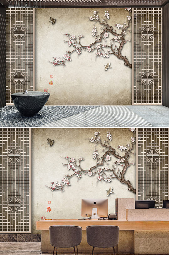 古典工笔花鸟简约电视背景墙-众图网