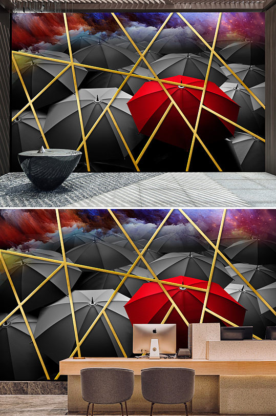 简约雨伞电视背景墙-众图网