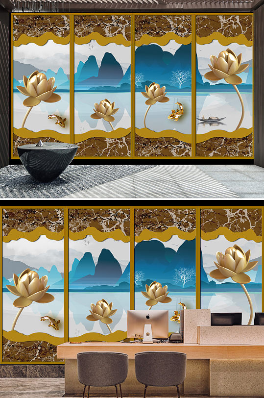 金色荷花3D山水风景画背景墙