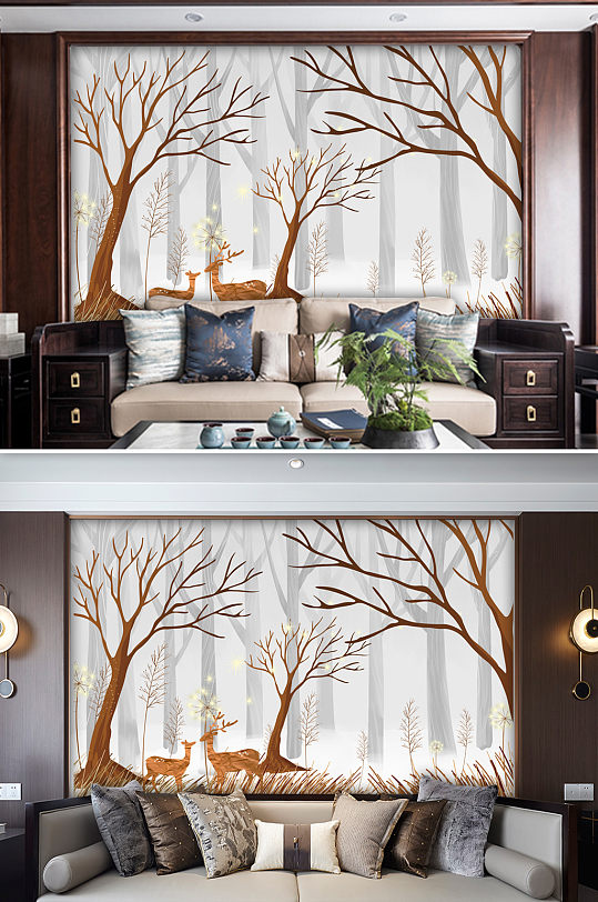 简约北欧树林麋鹿电视背景墙-众图网